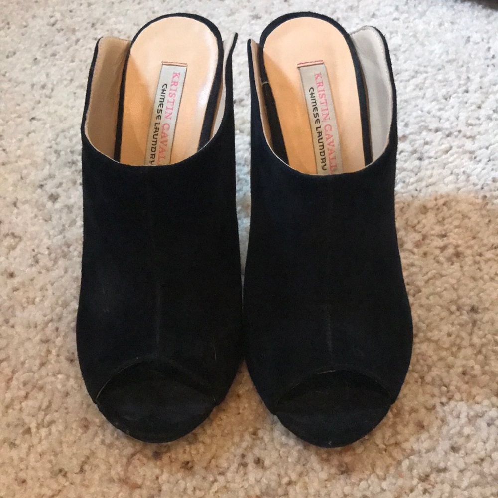 Black suede open toe heel